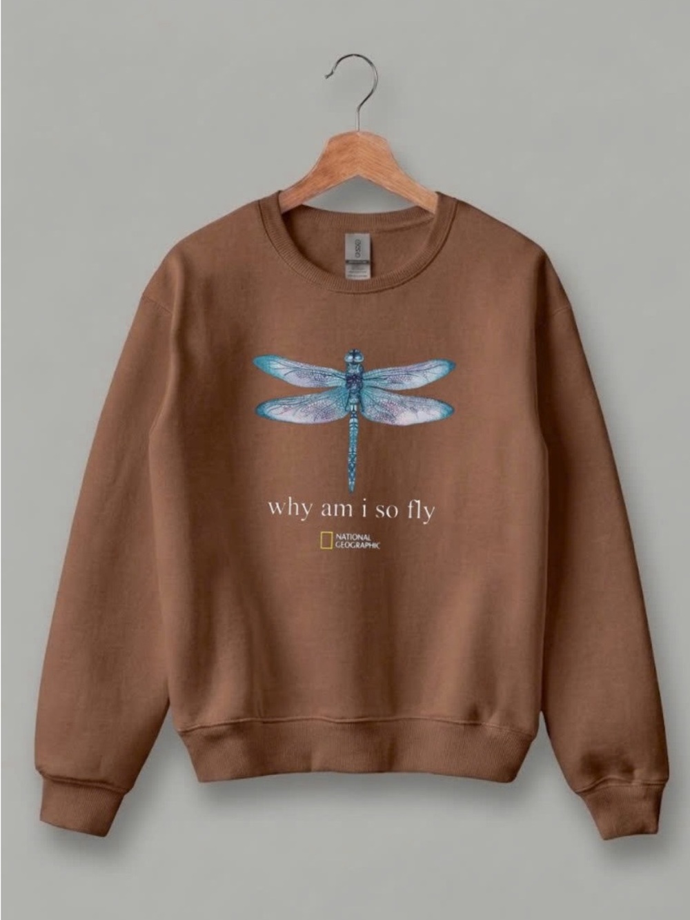 Gildan Brown Crewneck Sweatshirt with Blue Dragonfly Graphic